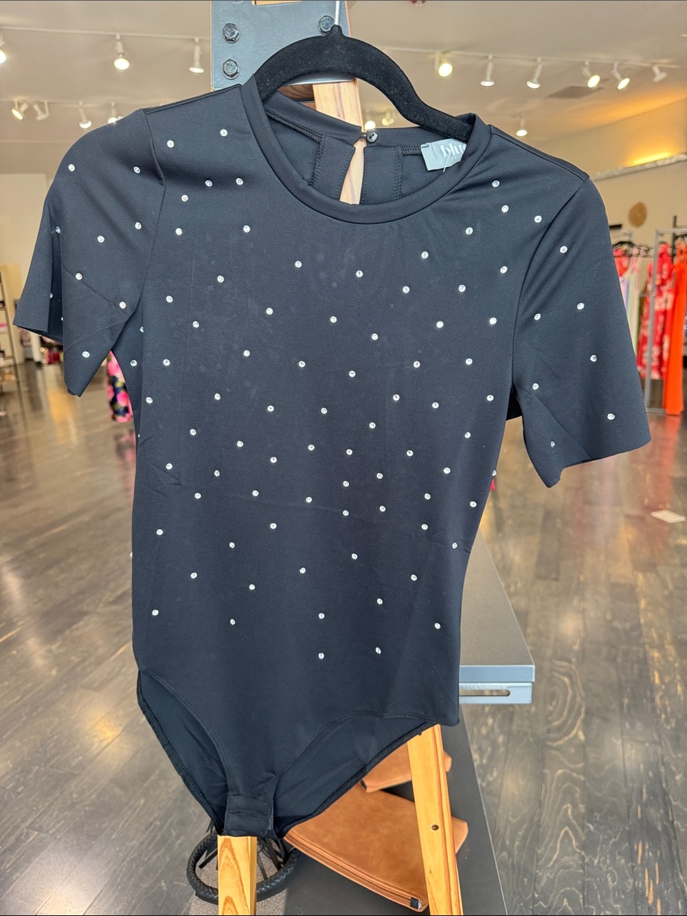 Black Pearl-Accent Short Sleeve Bodysuit - Women's Top